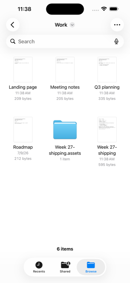The Files app on iPhone showing SteelNote's notes as individual Markdown files with their sizes in bytes