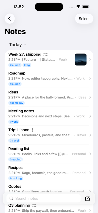The SteelNote notes list with folders, tags and thumbnails