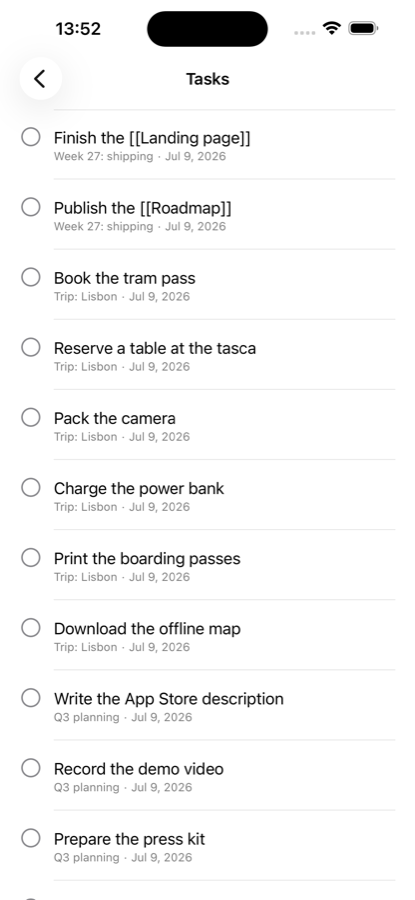 Tasks gathered from across notes, each showing its source note