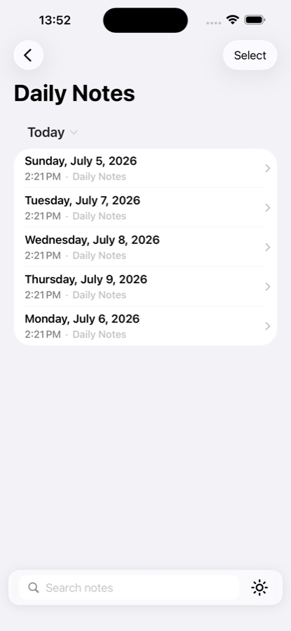 Daily notes listed by date